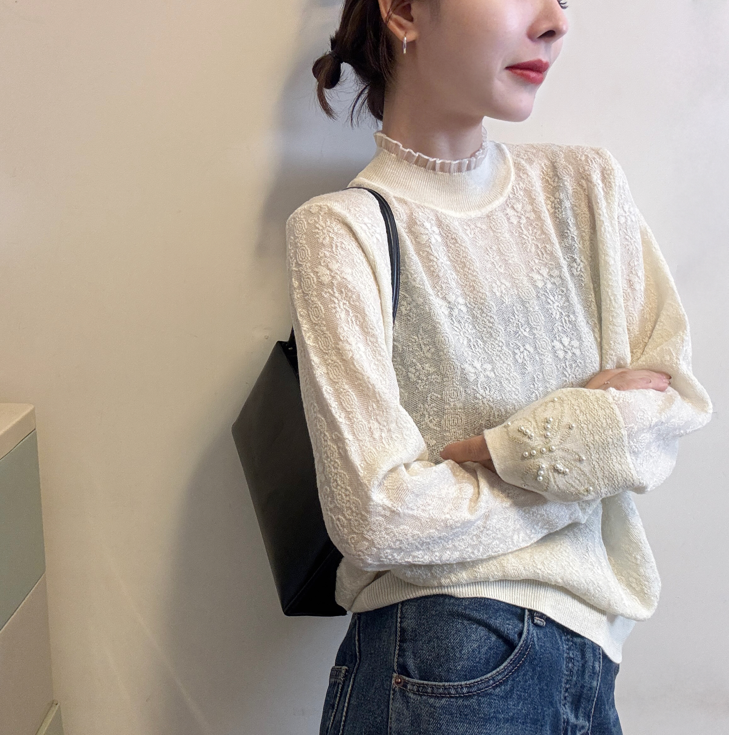欧洲站2025冬季新款韩版气质立领木耳边立体钩花蕾丝羊毛打底衫潮