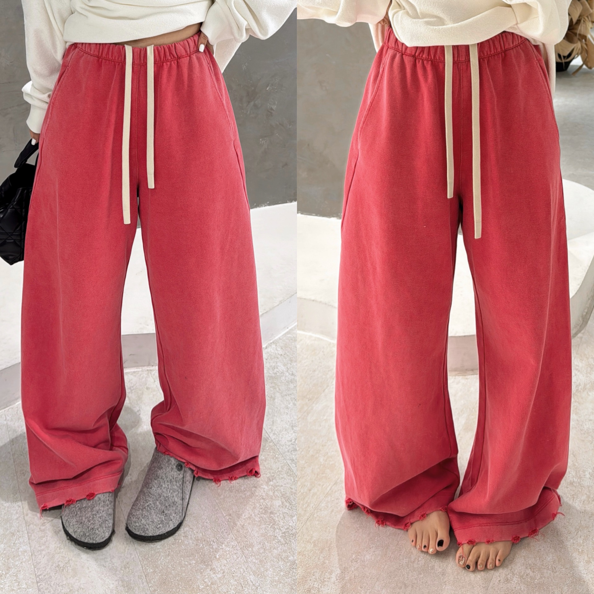 欧洲站2025秋季欧货松紧腰撞色抽绳慵懒直筒休闲裤裤脚磨破拖地裤