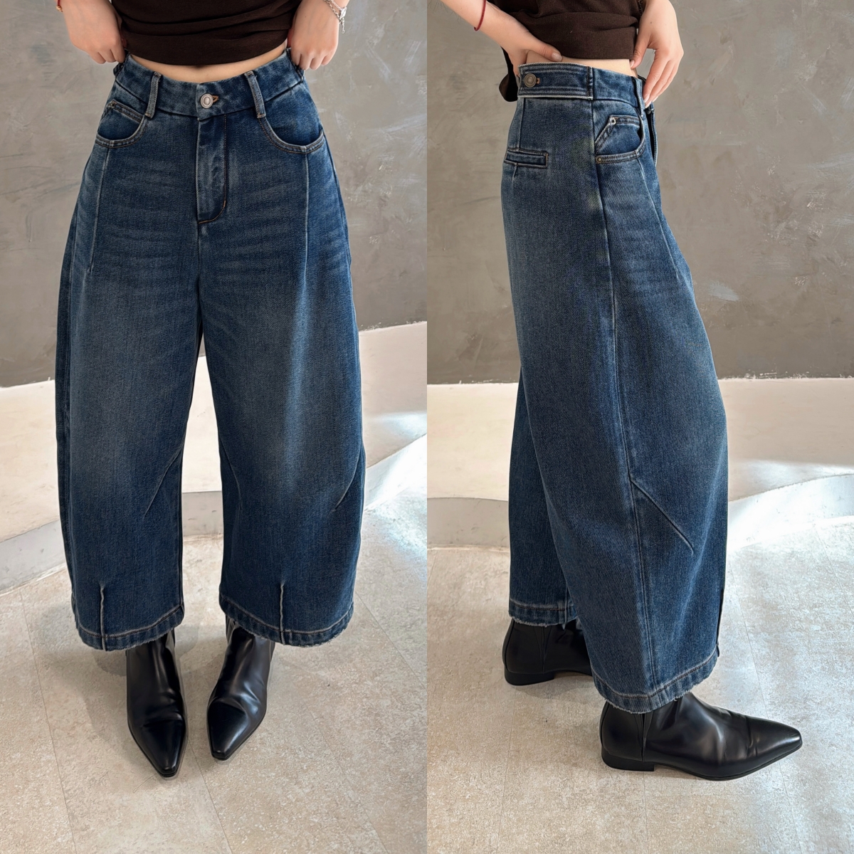 欧洲站2025冬季高腰侧扣设计微胯显瘦两侧斜压线九分裤牛仔奶奶裤