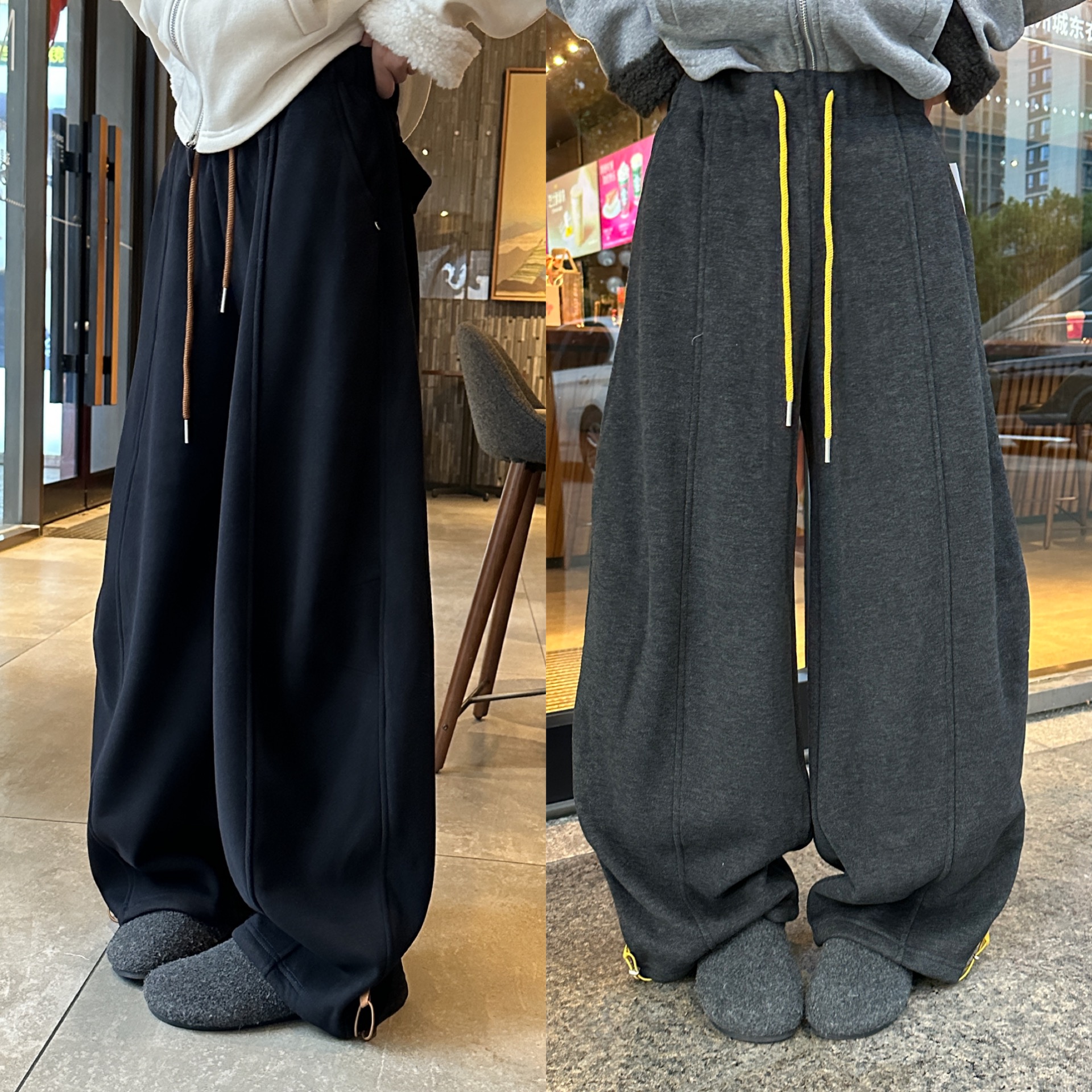 贝壳扣加厚一体绒休闲裤弯刀裤