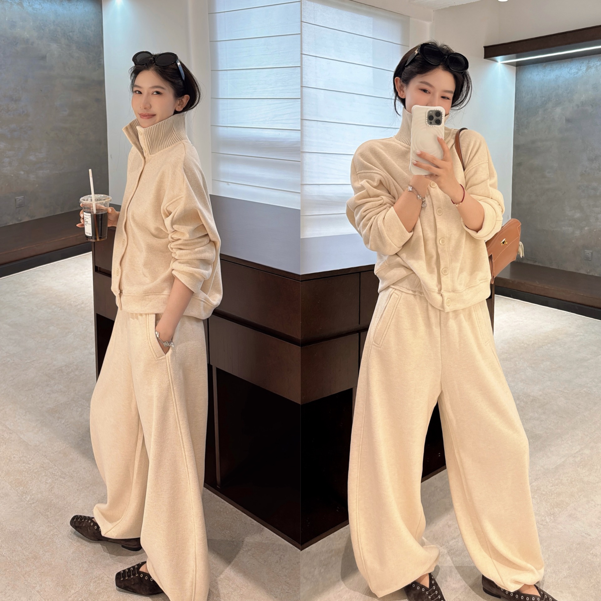 欧洲站2025冬季新款高领排扣加绒卫衣外套慵懒长裤休闲运动套装潮