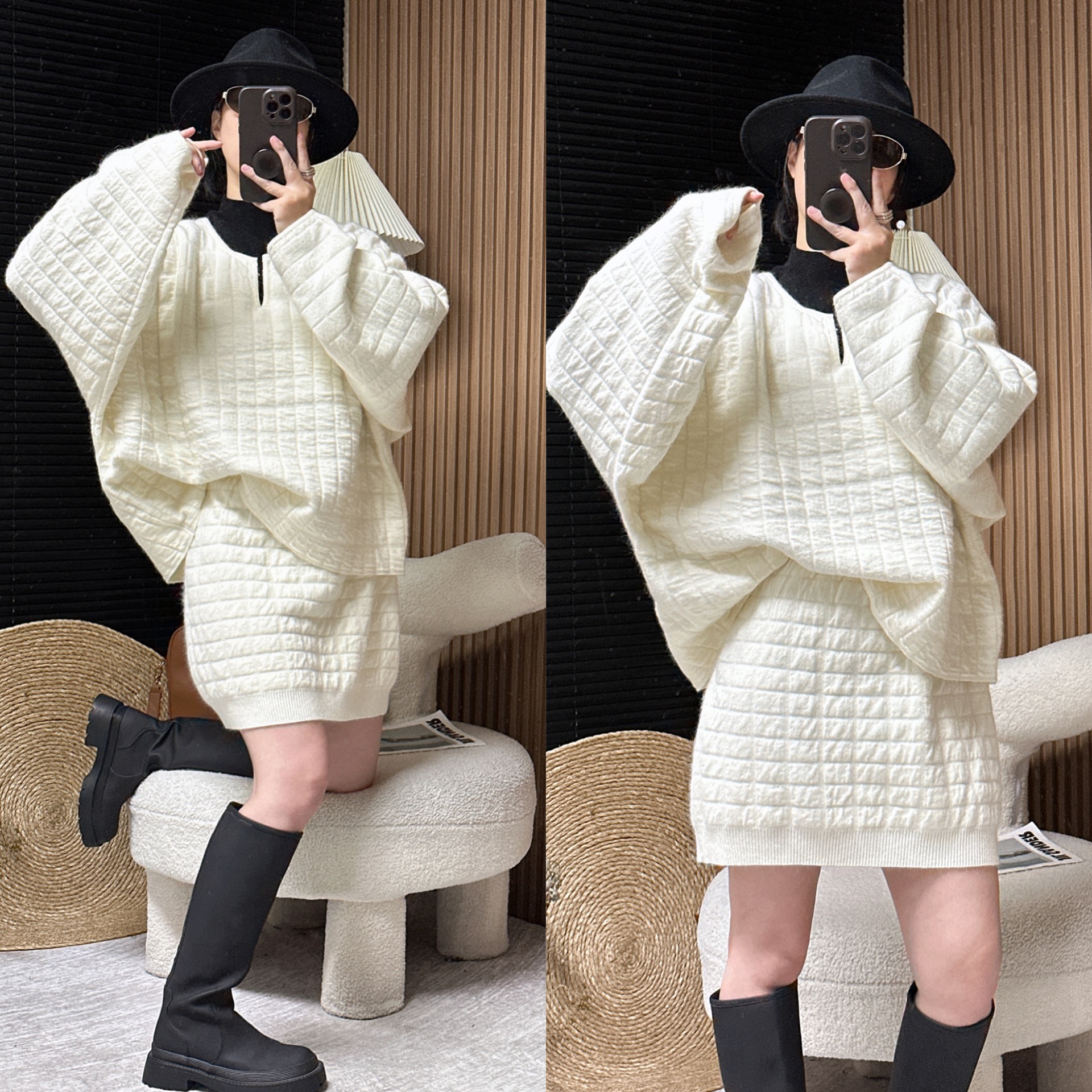 华夫格浣熊绒毛衣短裙两件套