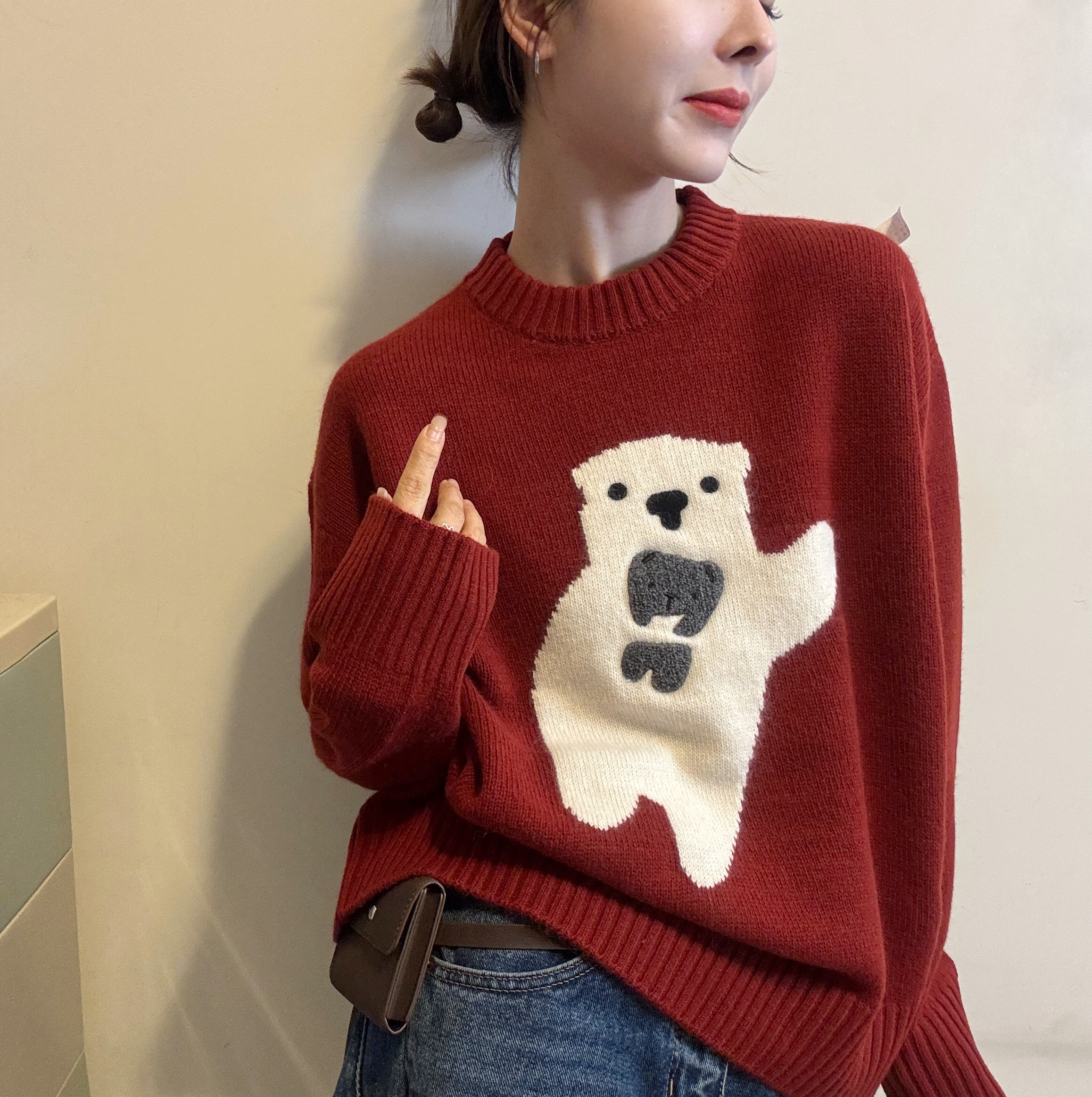 欧洲站2025冬季韩版时尚圆领卡通小熊提花针织衫套头软糯毛衣女潮