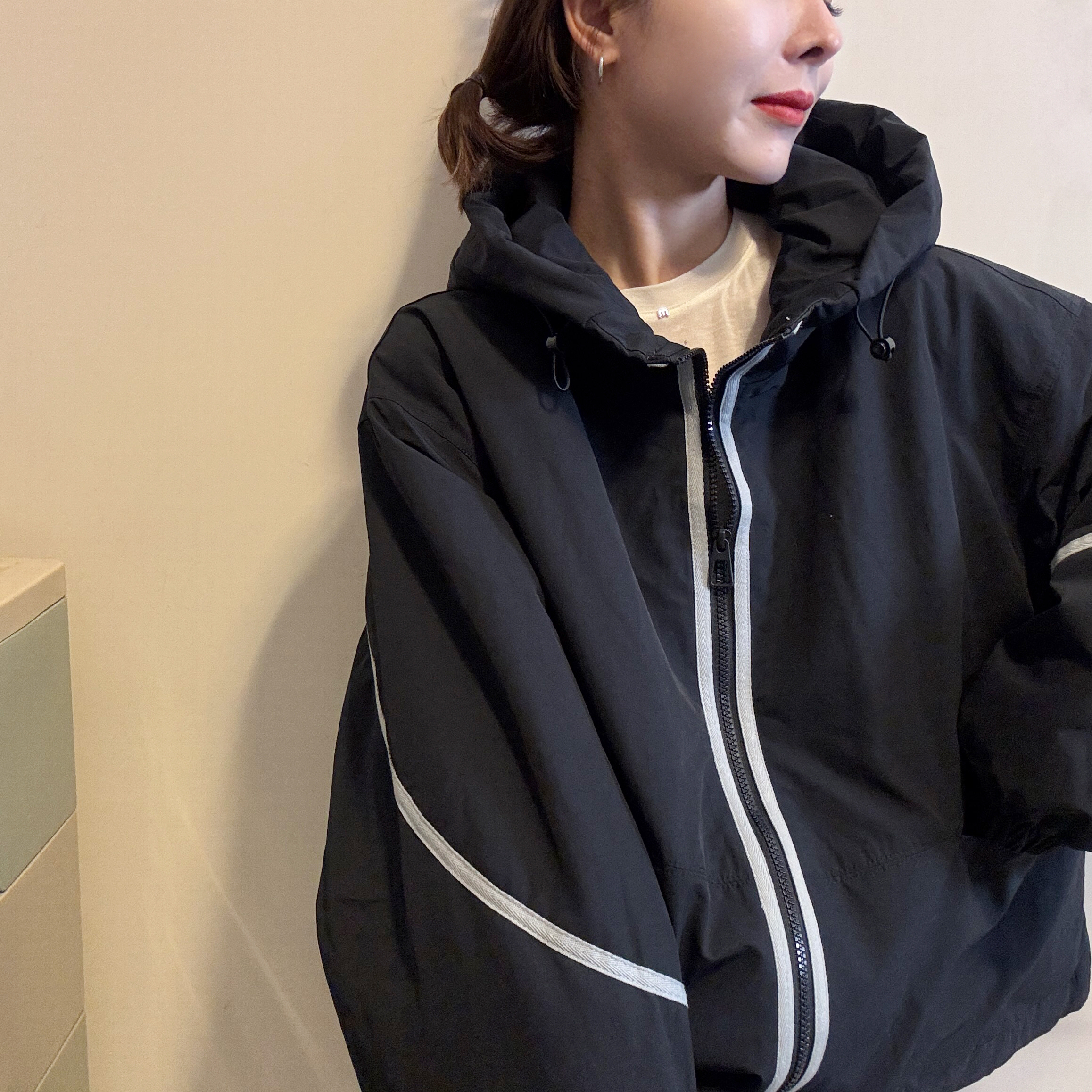 欧洲站2025冬季时尚连帽拉链拼条撞色A字版内里夹棉冲锋衣外套潮