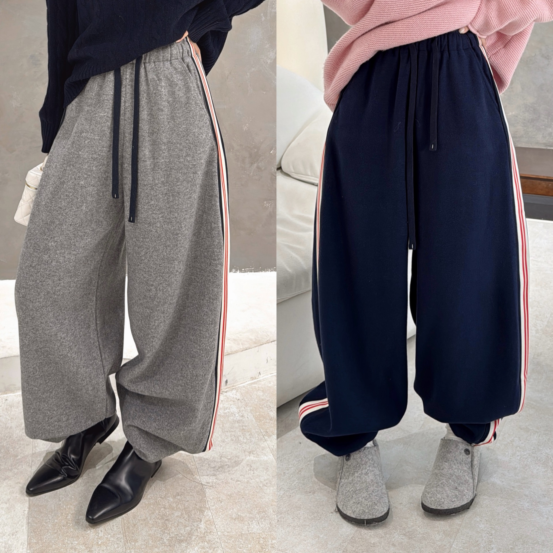 欧洲站2025冬季欧货时尚松紧腰抽绳侧边拼色条纹加绒休闲裤卫裤潮