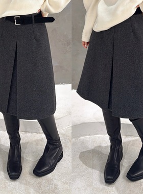 欧洲站2025冬季韩版气质名媛A字版显瘦灰色半身裙百搭羊毛中长裙