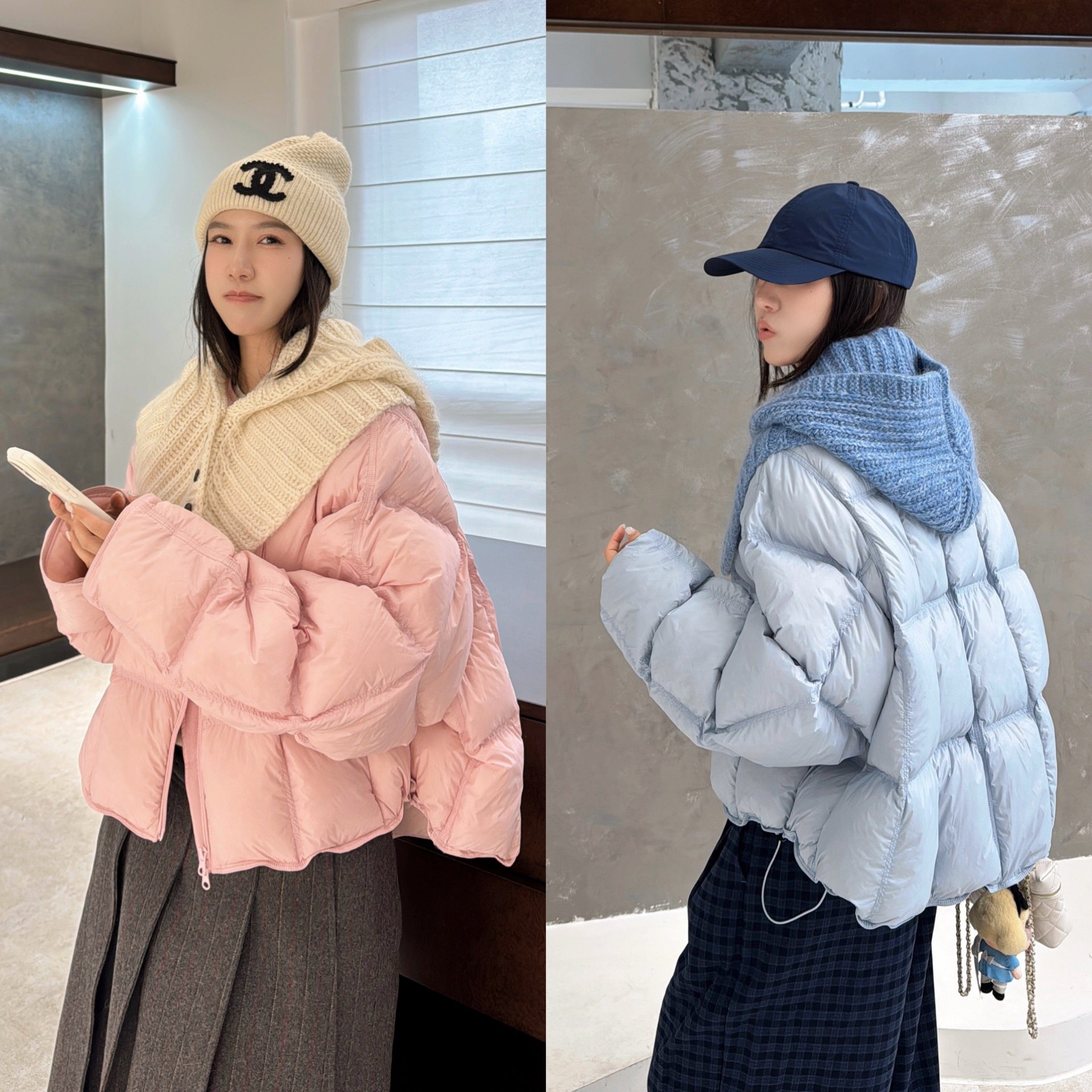 欧洲站2025冬季甜美韩系圆领落肩方块压格羽绒连帽针织围脖两件套