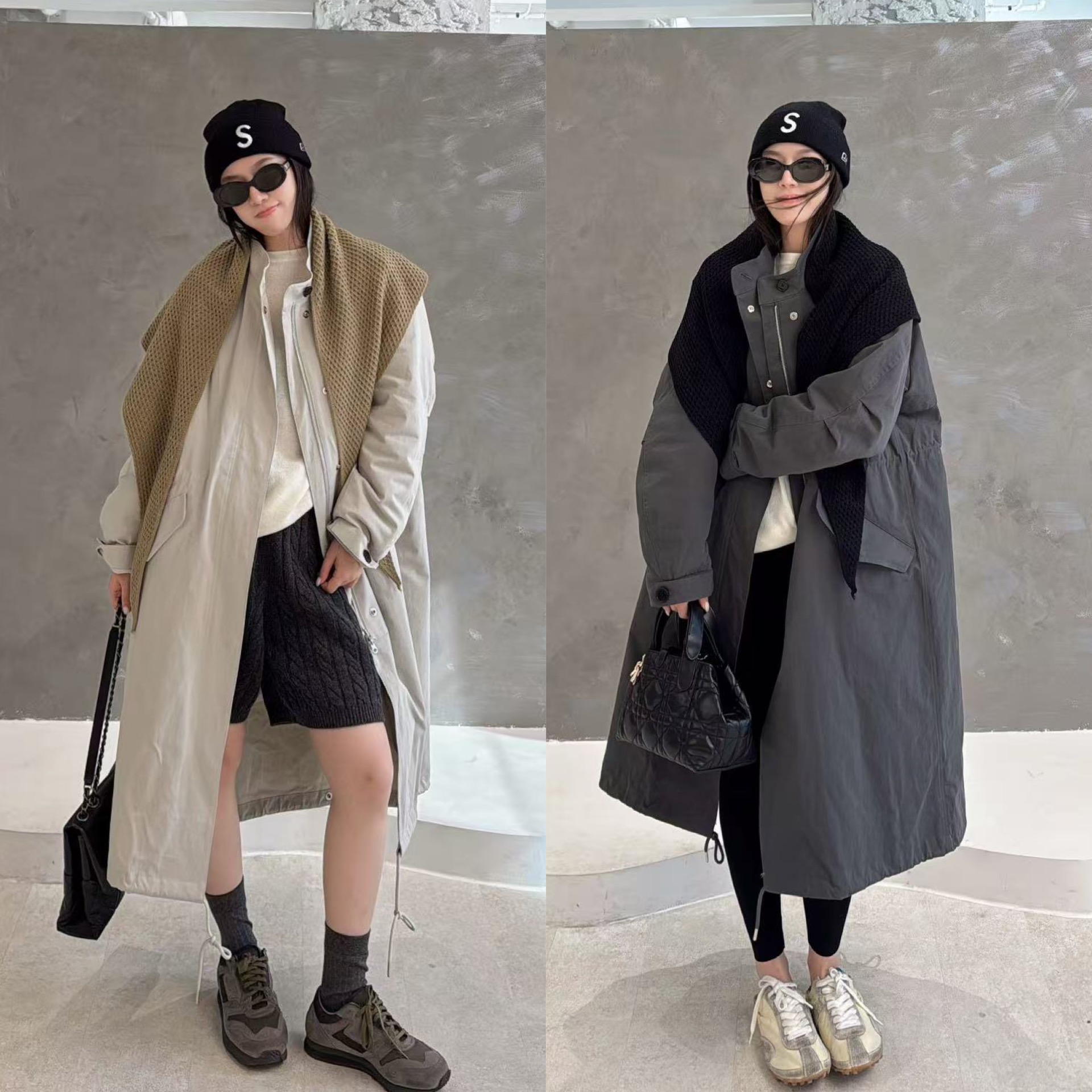 欧洲站2025冬季新款洋气立领落肩内里鹅绒中长款配披肩风衣外套潮