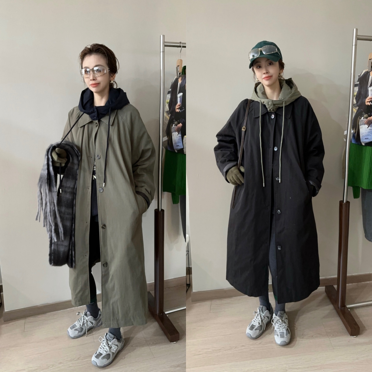 欧洲站2025冬季时尚连帽拼色抽绳过膝中长款小个子穿搭风衣羽绒服