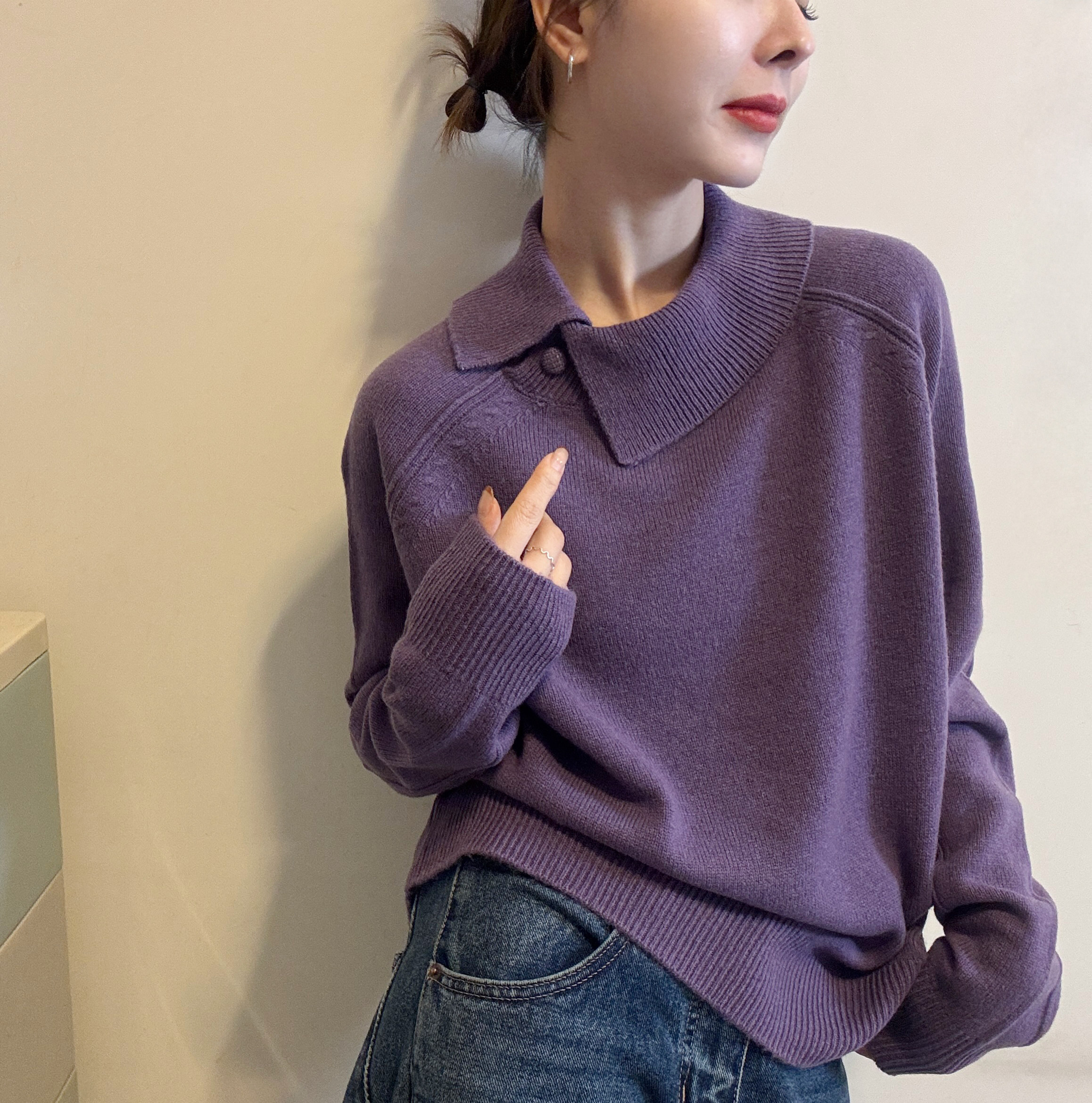 欧洲站2025冬季韩版气质侧翻领一粒扣净版套头针织衫毛衣打底衫潮