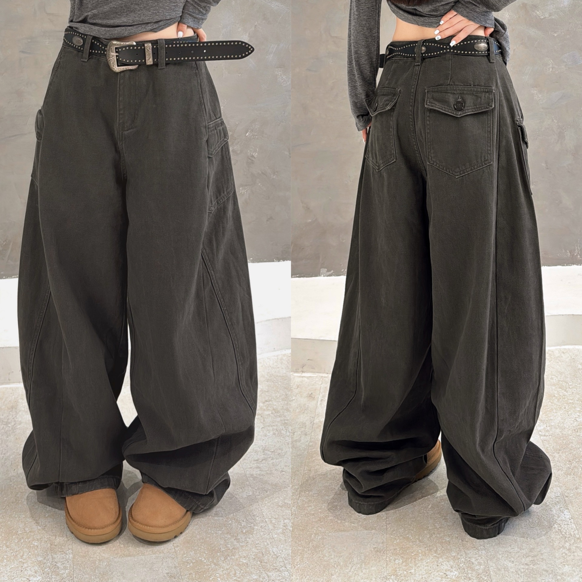 欧洲站2025秋季新款欧货复古慵懒侧口袋压线配腰带牛仔长裤羊腿裤