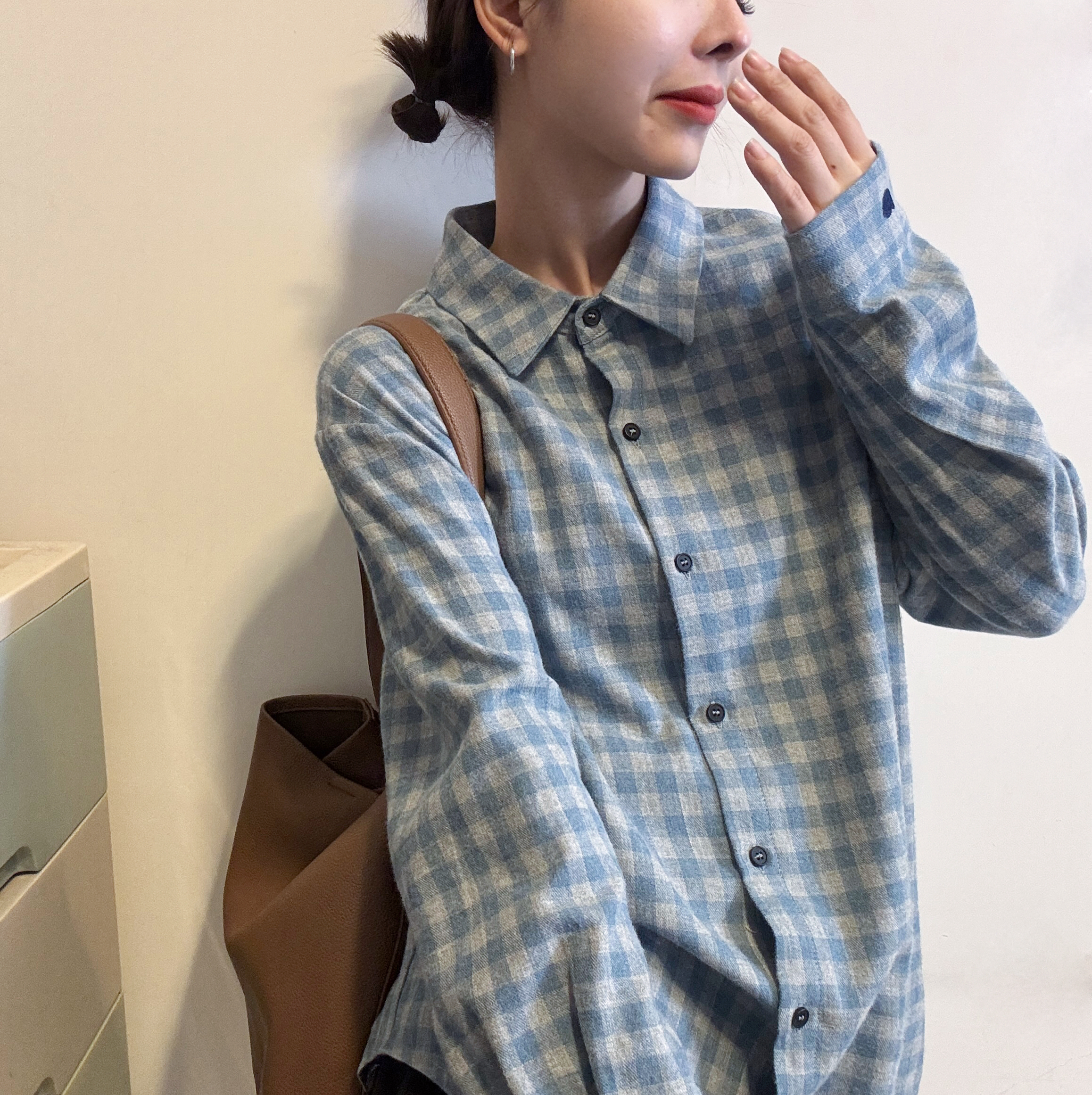 欧洲站2025冬季气质Polo领长袖单排扣格子拼色打底衫韩系衬衫上衣