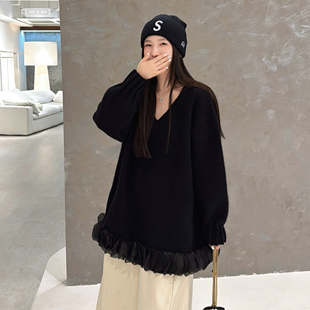 欧洲站2025秋冬欧货V领宽松落肩袖 羊毛毛衣 下摆木耳花边慵懒大版