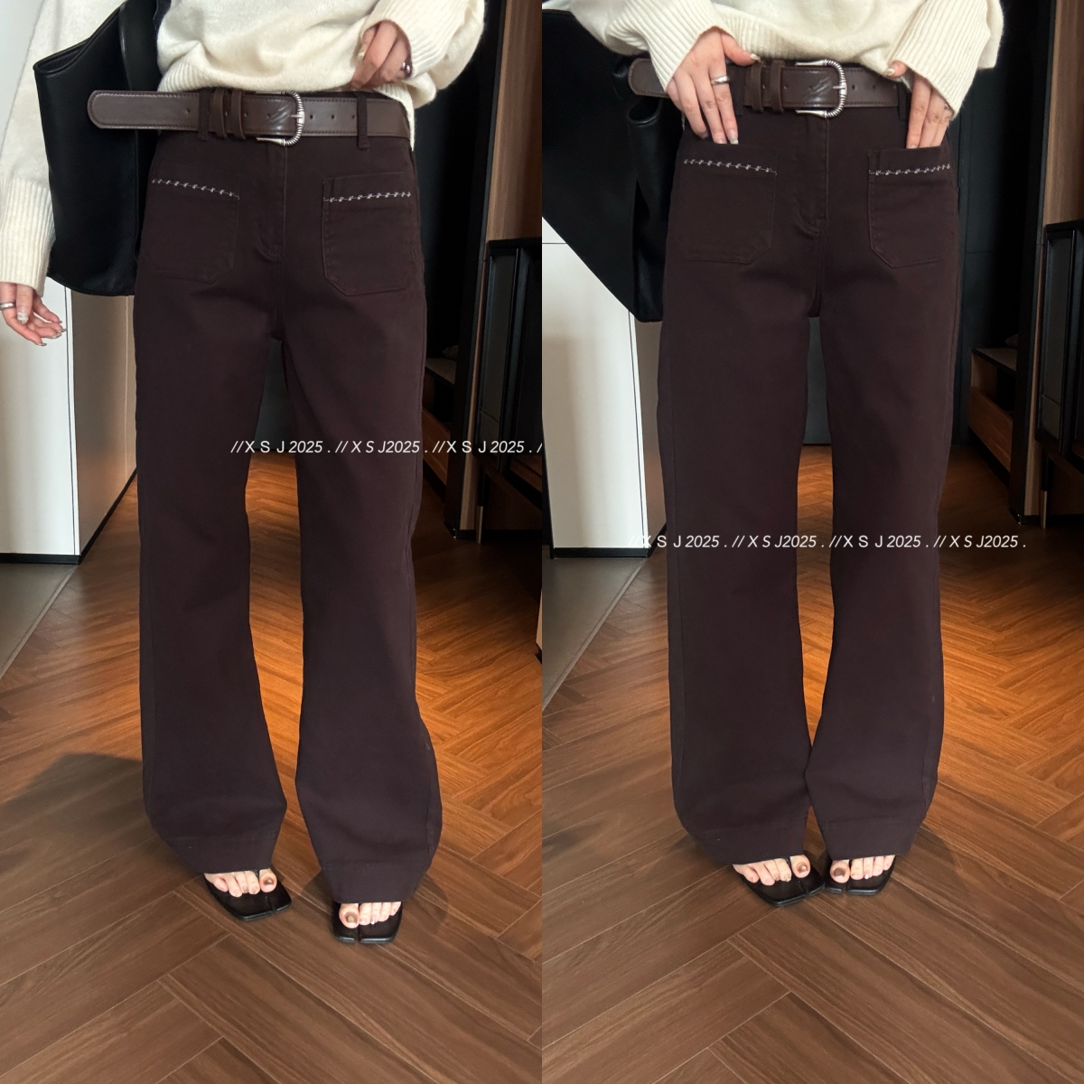 欧洲站2025秋季新款欧货高腰配腰带竖插口袋明线拉毛牛仔裤直筒裤