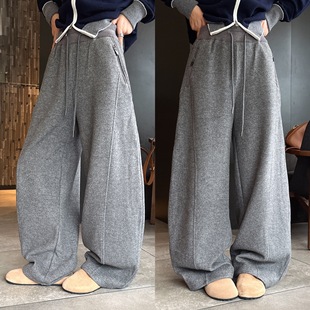 欧洲站25秋季 高腰收腹抽绳侧边拉链拼接圆弧压线加厚羊毛休闲长裤