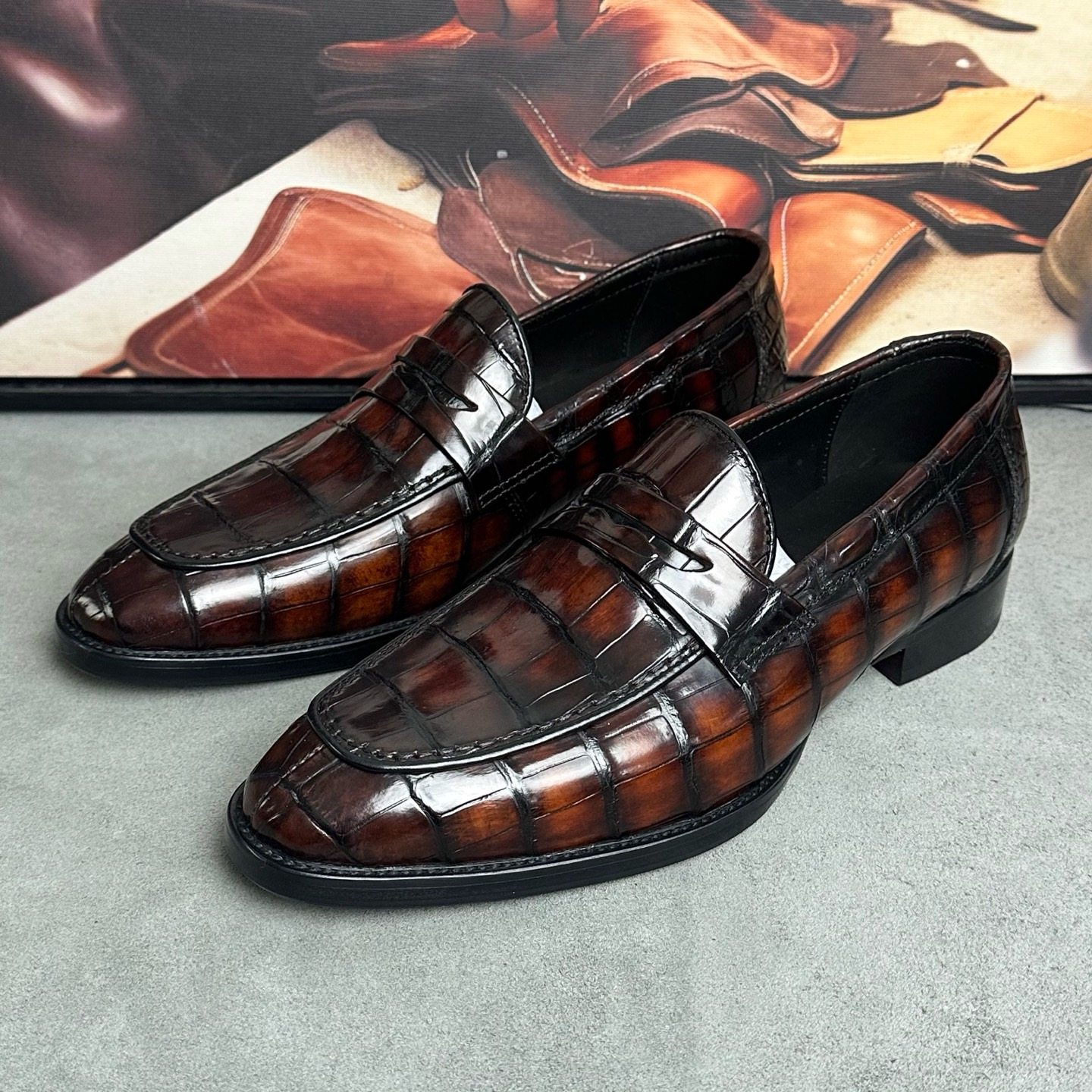 正品鳄鱼皮男鞋手工擦色一脚蹬商务正装鞋真皮底固特异琴底休闲鞋