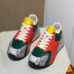 蛇皮休闲透气运动鞋男士撞色全包底老爹鞋系带内增高时尚男皮鞋