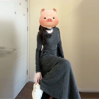 韩系chic别致套装高级松弛感不规则灰色针织上衣半身裙两件套秋冬