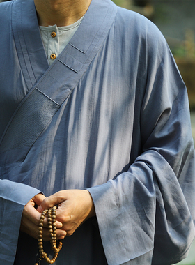 僧服新款夏季超薄抗皱垂顺蓝色罗汉大褂长褂僧人衣真丝麻纱僧长袍