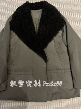 时尚军绿色羊羔毛翻领拼接中长款羽绒服女收腰显瘦百搭鹅绒外套