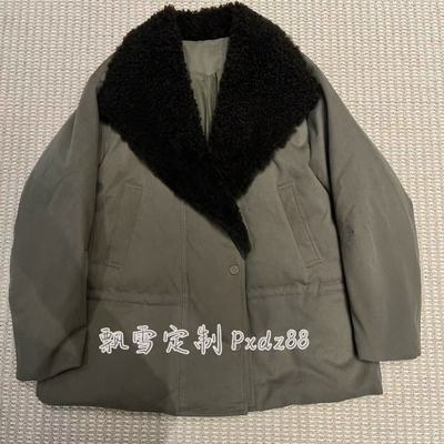 时尚军绿色羊羔毛翻领拼接中长款羽绒服女收腰显瘦百搭鹅绒外套