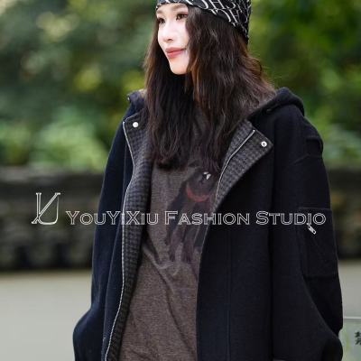 欧货正品2025早秋新款连帽双面羊绒大衣女短款减龄宽松羊毛呢外套