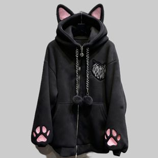 ABC加绒加厚亚文化二次元可爱猫耳连帽猫爪长袖外套萌宅黑猫朋克