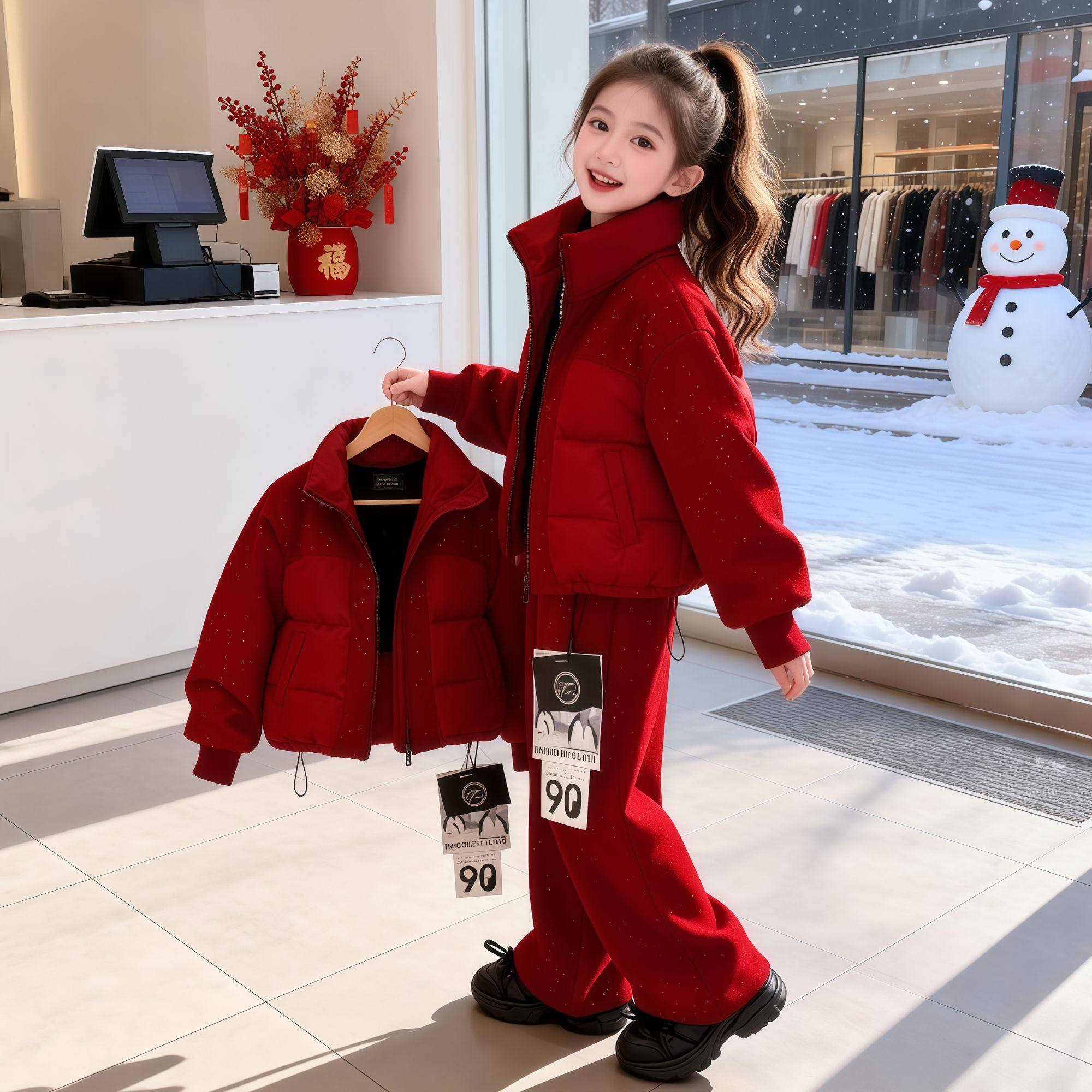 ABC红色女童冬季棉衣套装新款外套两件套满天星短款棉服中大童时,童装/婴儿装/亲子装,儿童运动套装,淘宝优惠券,粉丝福利购,淘宝优惠卷