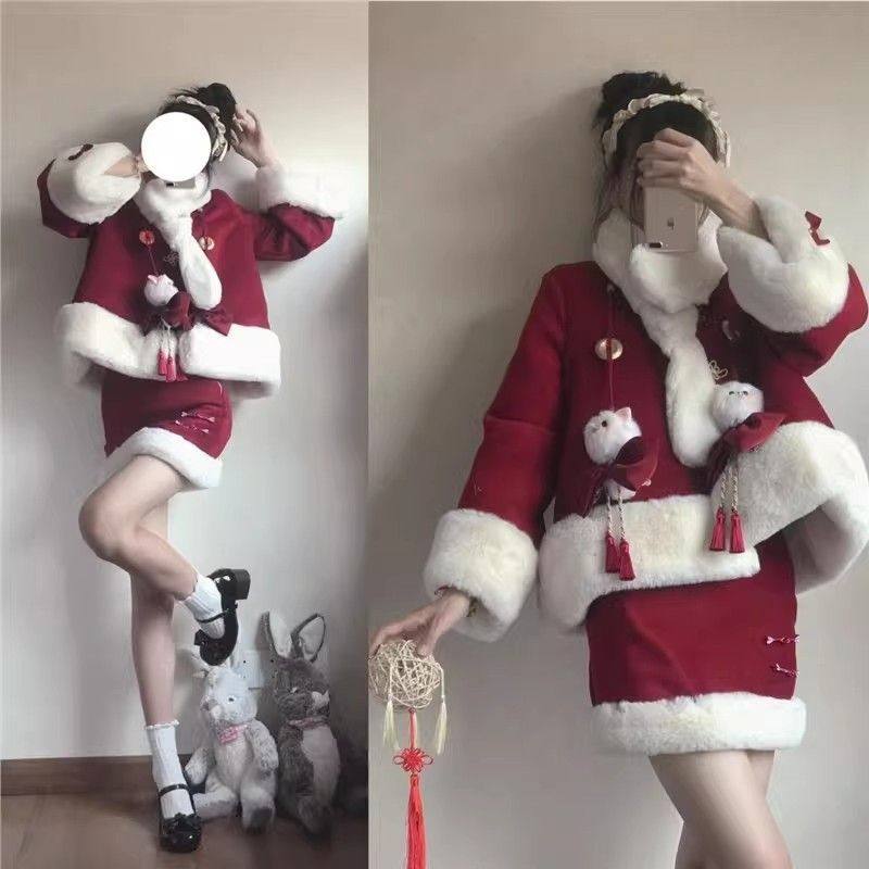 ABC红色新年毛呢绒套装裙女加绒加厚学生秋冬羊羔绒宽松外套潮两,女装/女士精品,时尚套装,淘宝优惠券,粉丝福利购,淘宝优惠卷