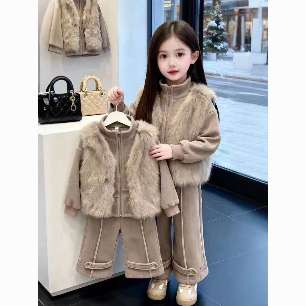 ABC女童套装秋冬装2025冬季新款儿童时尚加厚皮草毛毛衣马甲三件,童装/婴儿装/亲子装,儿童运动套装,淘宝优惠券,粉丝福利购,淘宝优惠卷