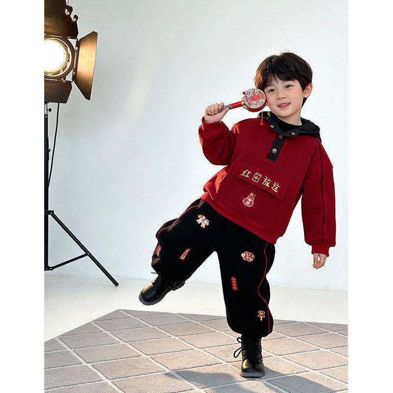 ABC男童潮酷喜庆拜年服套装2026秋冬中小童国风红色加绒加厚连帽,童装/婴儿装/亲子装,儿童运动套装,淘宝优惠券,粉丝福利购,淘宝优惠卷