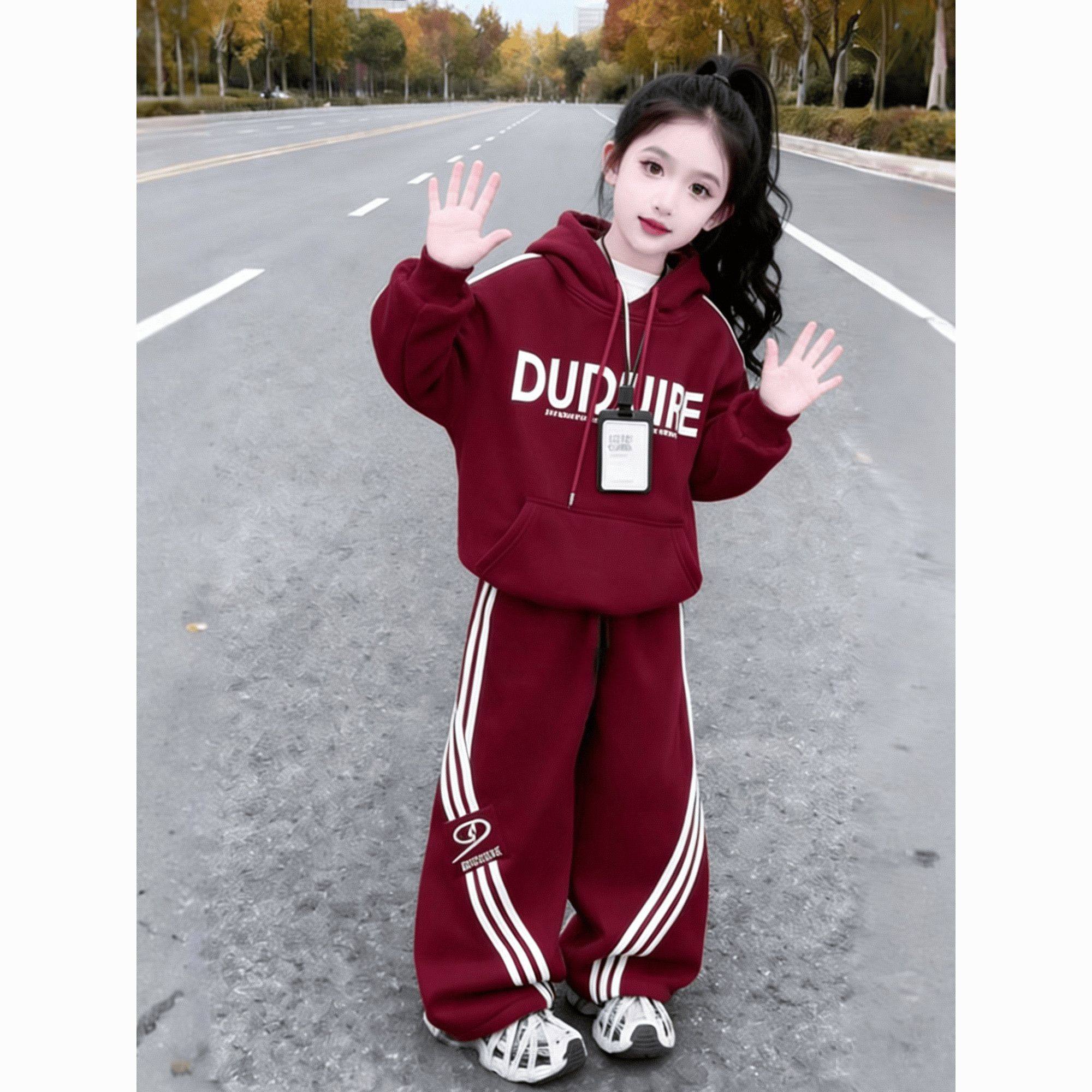 ABC新年红色女童加绒卫衣卫裤套装2026冬季中大童宽松休闲运动两,童装/婴儿装/亲子装,儿童运动套装,淘宝优惠券,粉丝福利购,淘宝优惠卷