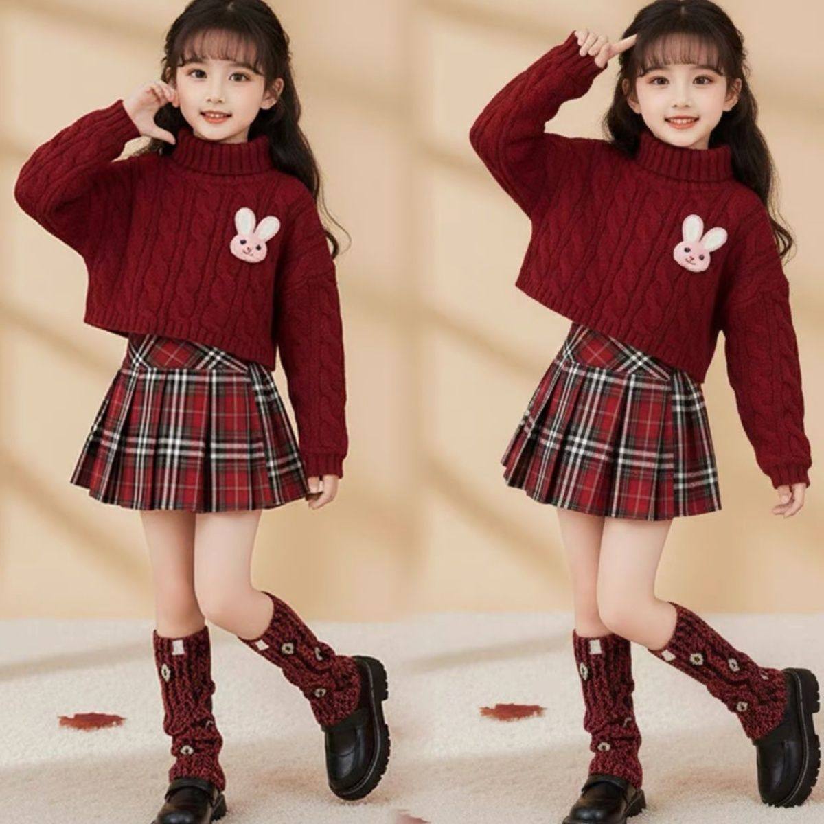 ABC女童红色针织衫高领短款麻花毛衣2026超火冬季大童初中生套装,童装/婴儿装/亲子装,儿童运动套装,淘宝优惠券,粉丝福利购,淘宝优惠卷