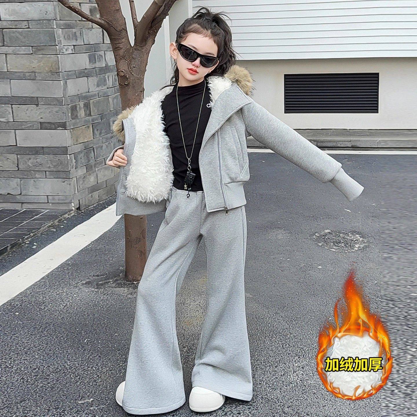 ABC女童加绒外套套装冬装2025新款女孩大童加厚卫衣喇叭裤运动两,童装/婴儿装/亲子装,儿童运动套装,淘宝优惠券,粉丝福利购,淘宝优惠卷