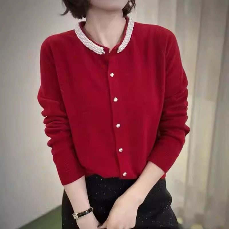 欧洲站2025年冬季新款时尚领口钉珠单排扣羊毛针织开衫女洋气毛衣,女装/女士精品,毛针织衫,淘宝优惠券,粉丝福利购,淘宝优惠卷
