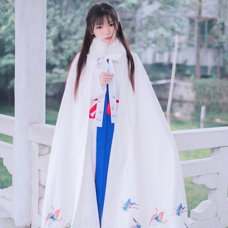 斗篷汉服女秋冬中国风拍照长款加厚披风白色古装披肩连帽毛呢外套
