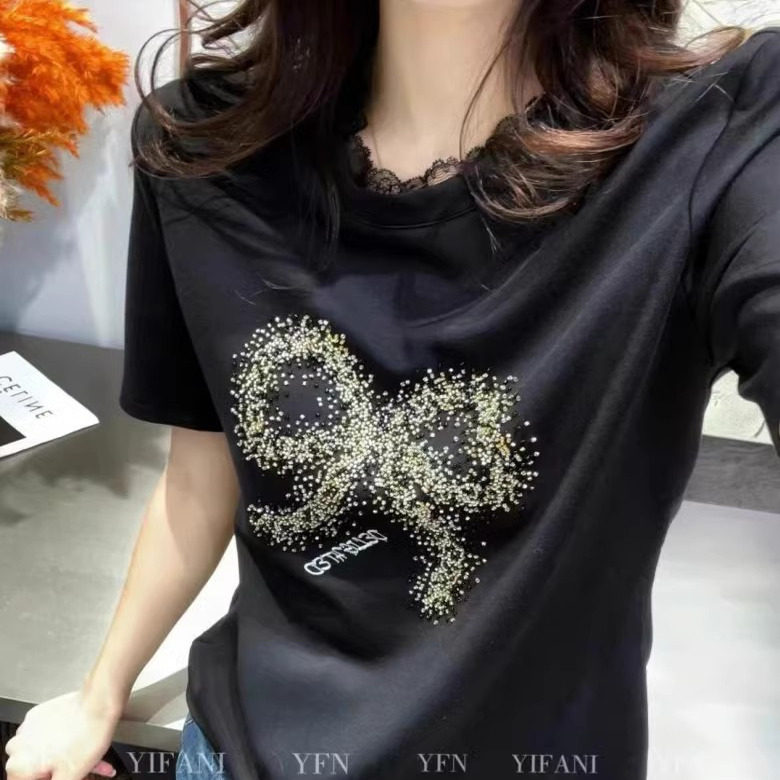 欧洲站2025早春新款刺绣钉珠拼接蕾丝欧货短袖T恤上衣半袖打底衫