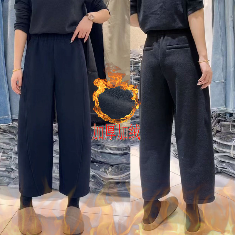 桐桐佳~冬季加厚加绒醋酸羊毛休闲直筒裤女高腰简约显瘦靴裤86098