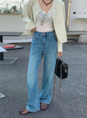 桐桐佳春高弹牛仔窄版阔腿裤女蓝色显瘦长筒裤拖地裤小松菜25569