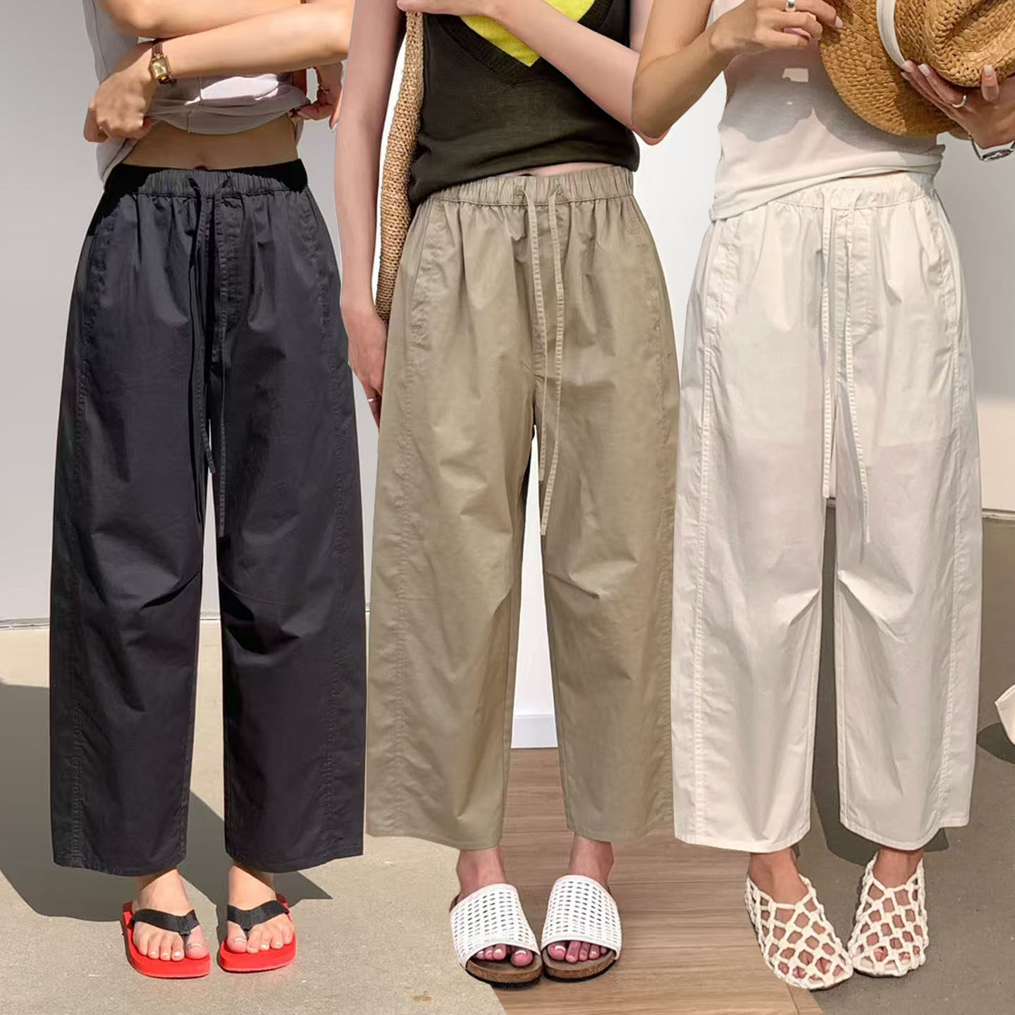 桐桐佳夏九分休闲直筒裤女高腰宽松显瘦速干法棍裤简谜粉标06021