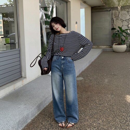 桐桐佳大码高弹牛仔窄版阔腿裤女