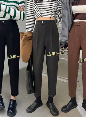 格路秋冬厚料山羊绒休闲女裤宽松直筒裤高腰通勤毛呢烟管裤82007
