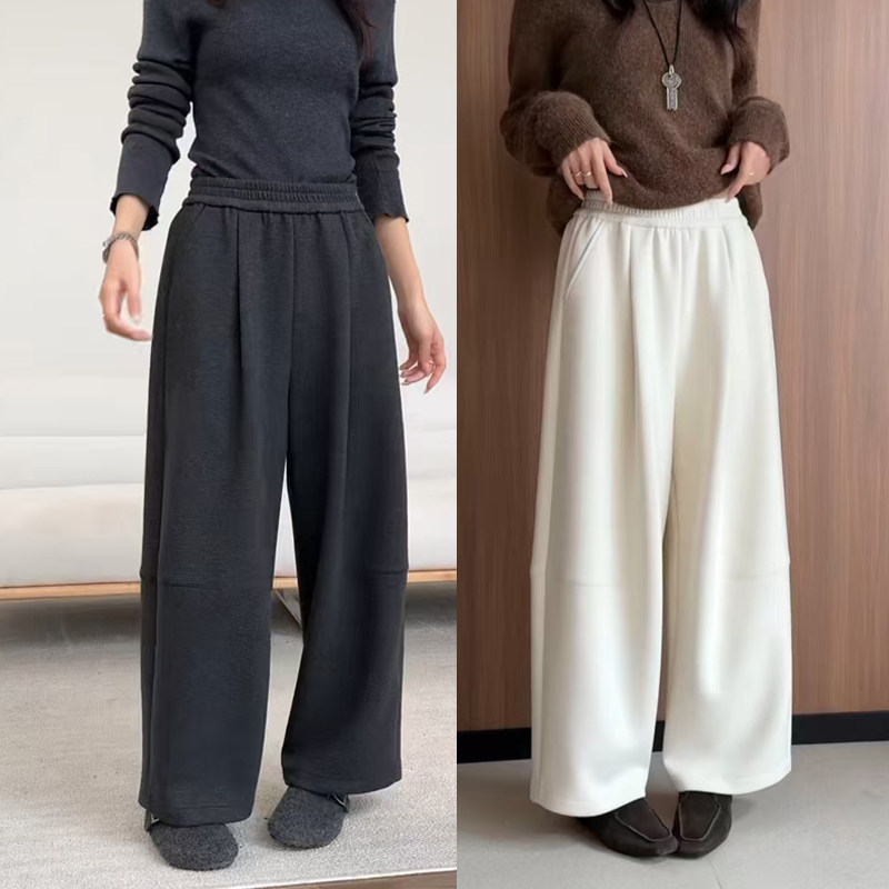 桐桐佳冬季轻奢羊毛休闲女裤松紧腰慵懒显瘦阔腿裤时尚拼接直筒裤