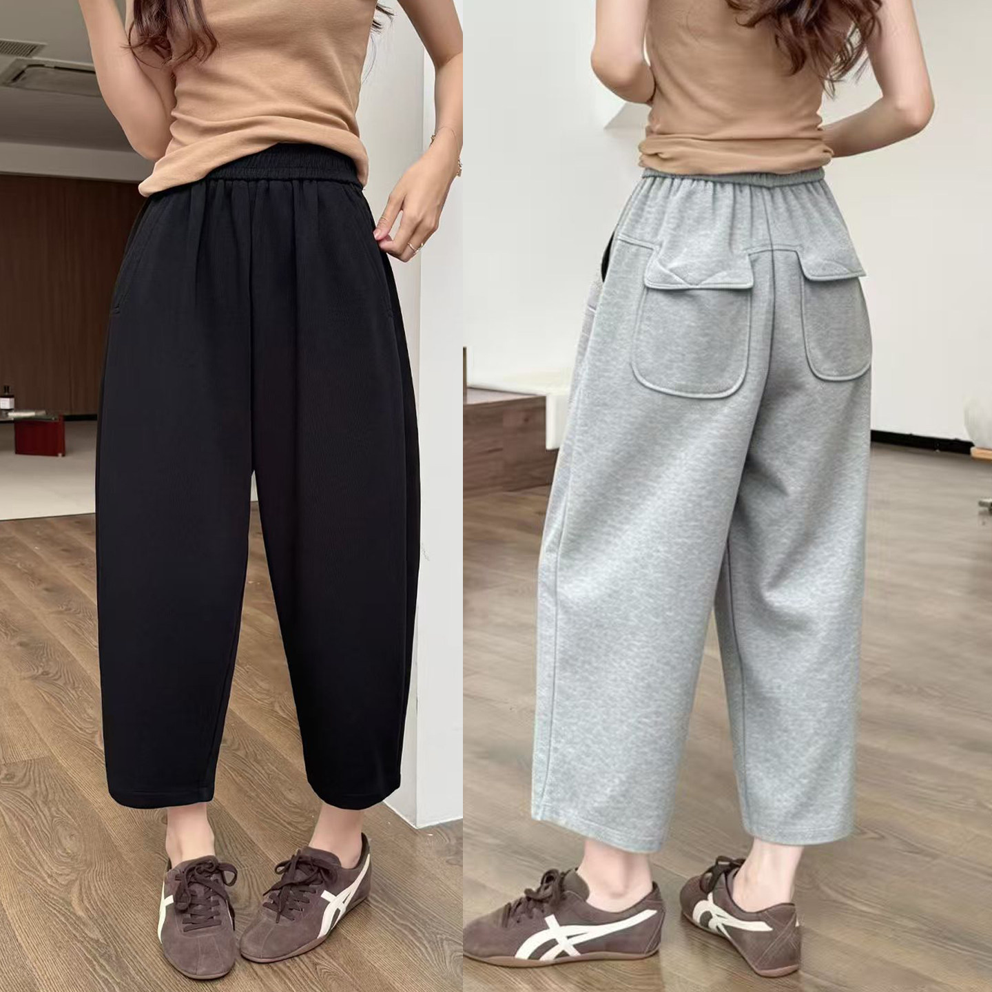 桐桐佳~春季八分弹力休闲奶奶裤女小个子宽松显瘦哈伦裤垮裤86126