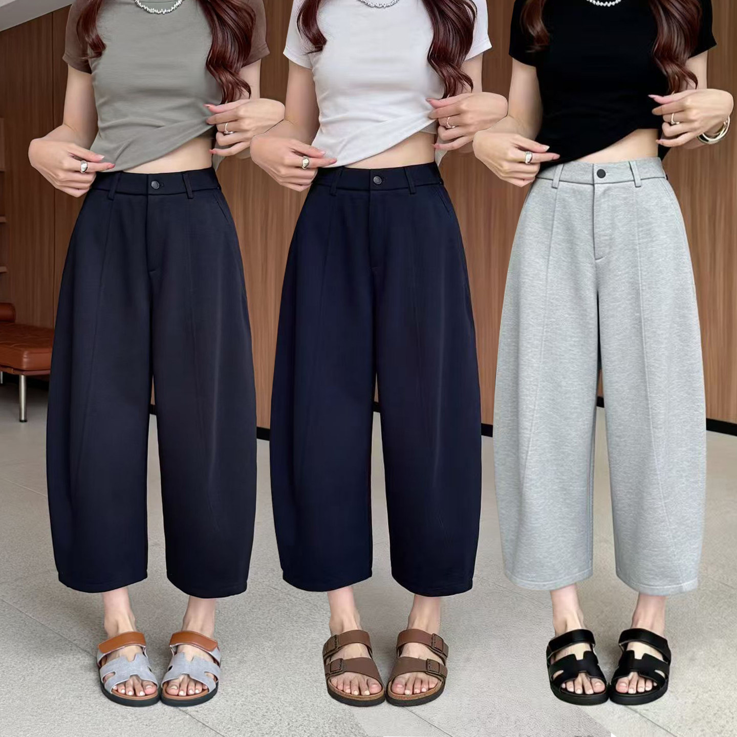 桐桐佳~四季通勤高弹8分休闲奶奶裤女时尚宽松靴裤花苞裤子86093