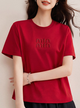 简爱JA2026夏新款简约休闲钻饰圆领纯棉正肩上衣宽松T恤女白色