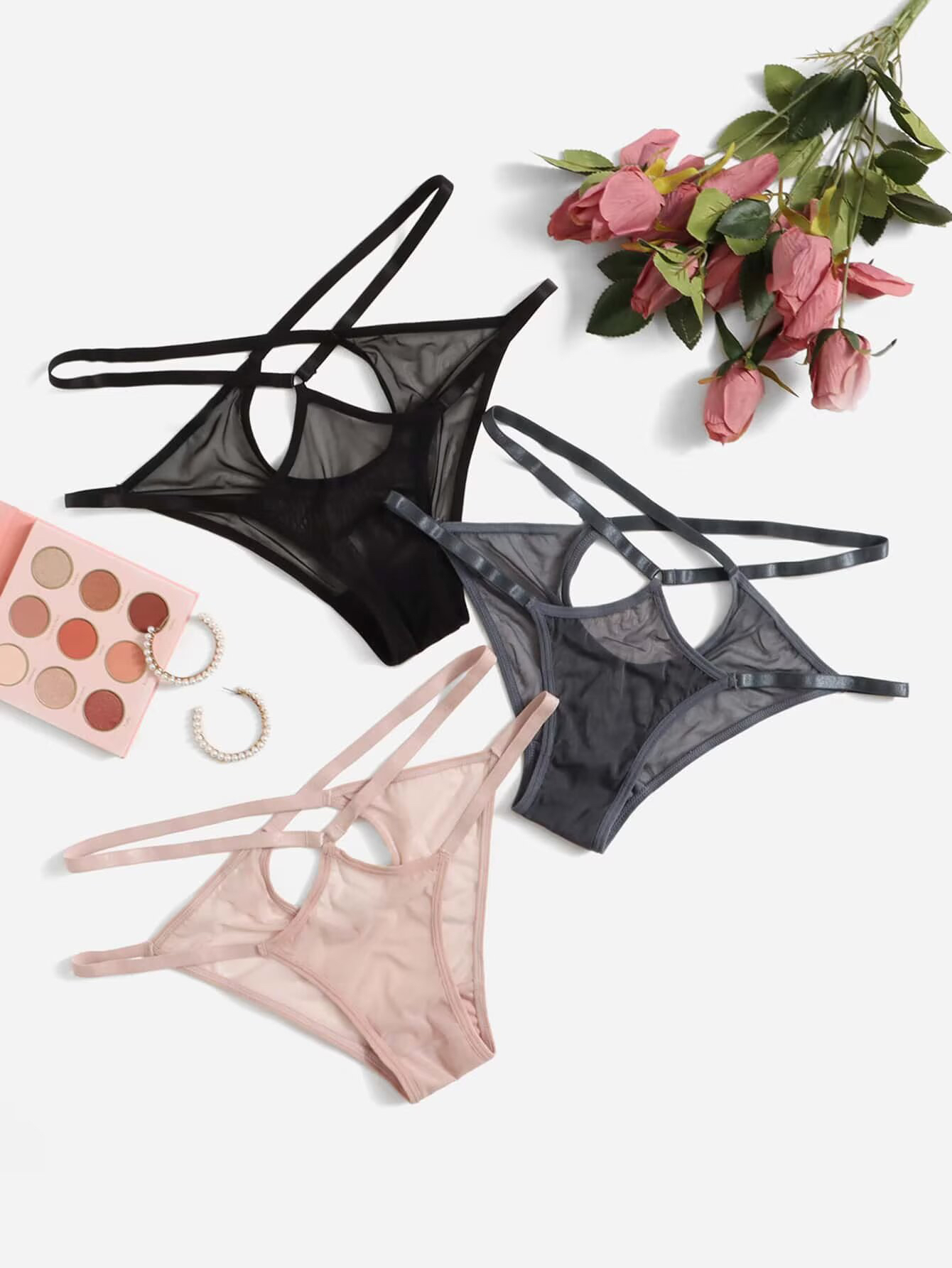 欧美新款性感镂空交叉细带美腰柔软网纱透明诱惑三角裤内裤高弹力