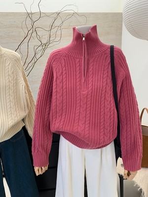 特大码300斤半拉链高领毛衣女秋冬胖mm宽松慵懒风针织衫麻花上衣