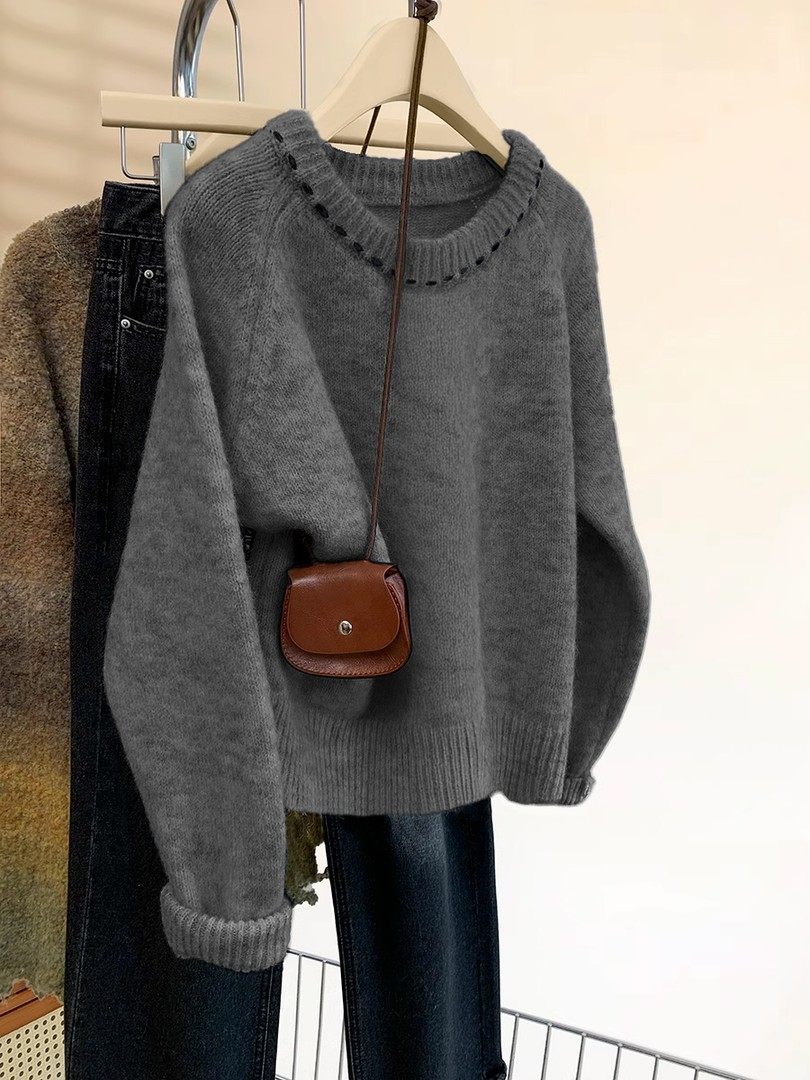 特大码300斤秋冬撞色圆领套头针织毛衣女胖mm外穿宽松慵懒风上衣