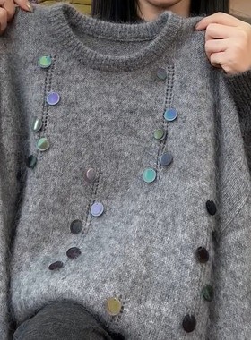 胖mm特大码300斤慵懒风重工亮片灰色毛衣女秋冬设计感宽松针织衫